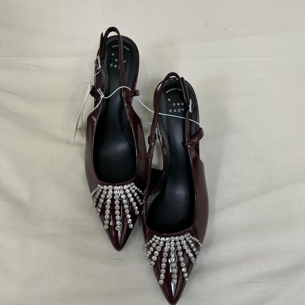 A New Day Women's Burgundy‎ Rhinestone Pointed-Toe Slingback Flats – Size 11